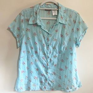 Jordache Floral Lightweight Button Up Short Sleeve Turquoise/Pink 1X 17 Juniors